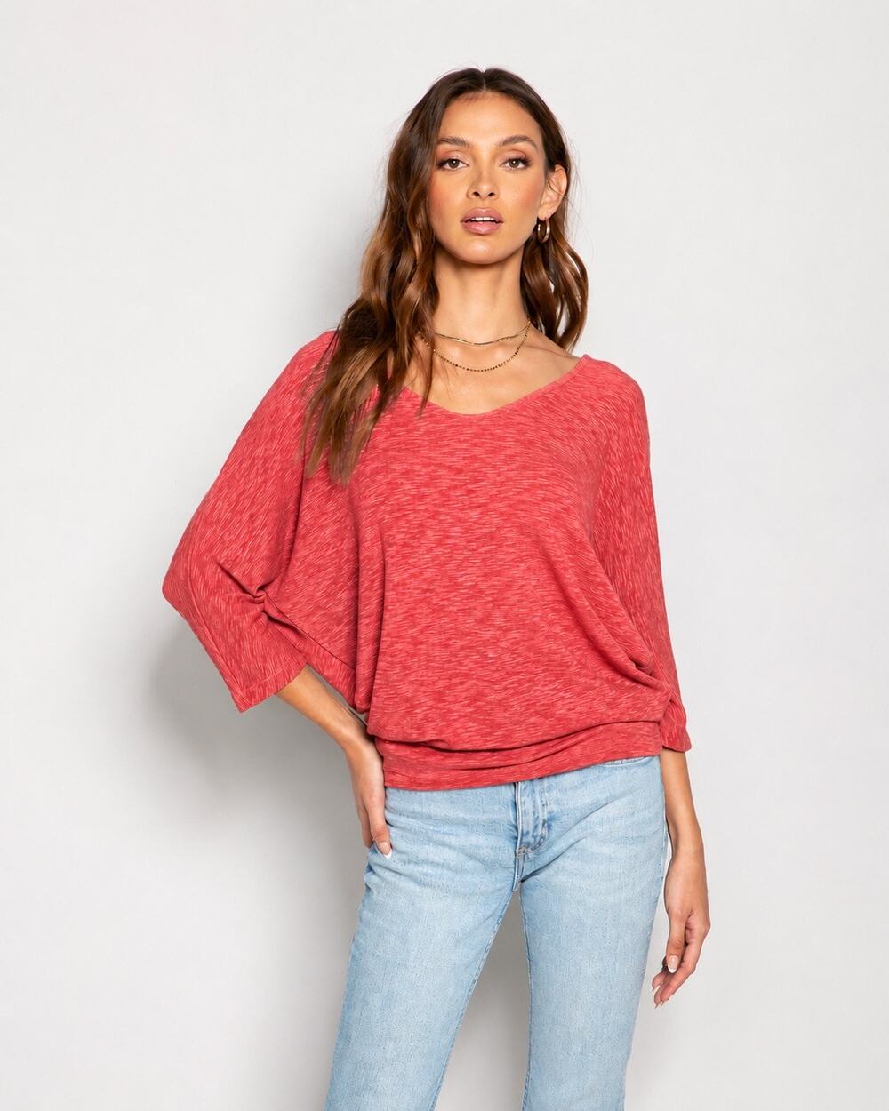 Laila Jayde Bowie 3/4 Sleeve Dolman Knit Top Coral Small